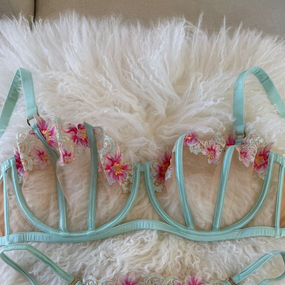 Honey Birdette Amelie Mint Floral Embroidered Bra 36H NWOT Rare